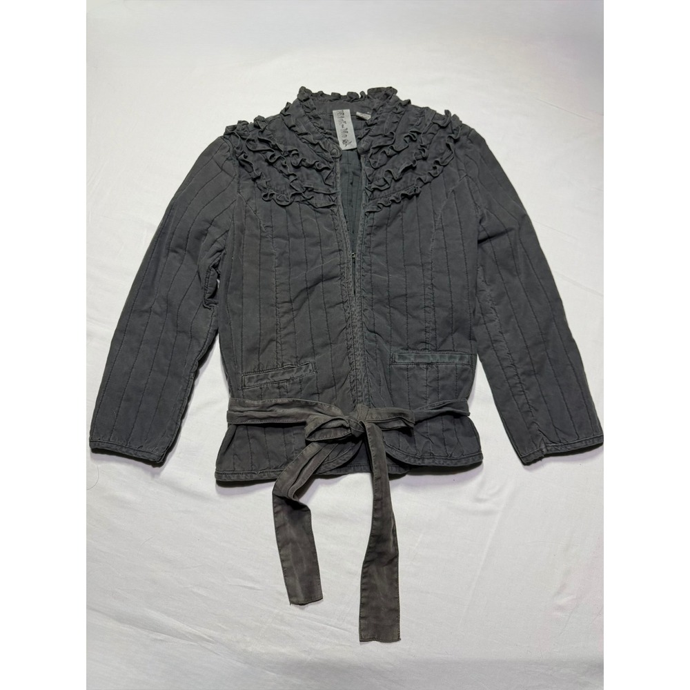 VTG Twee Black Ruffle Collar Quilted Jacket Charcoal Striped Waist Tie Blazer